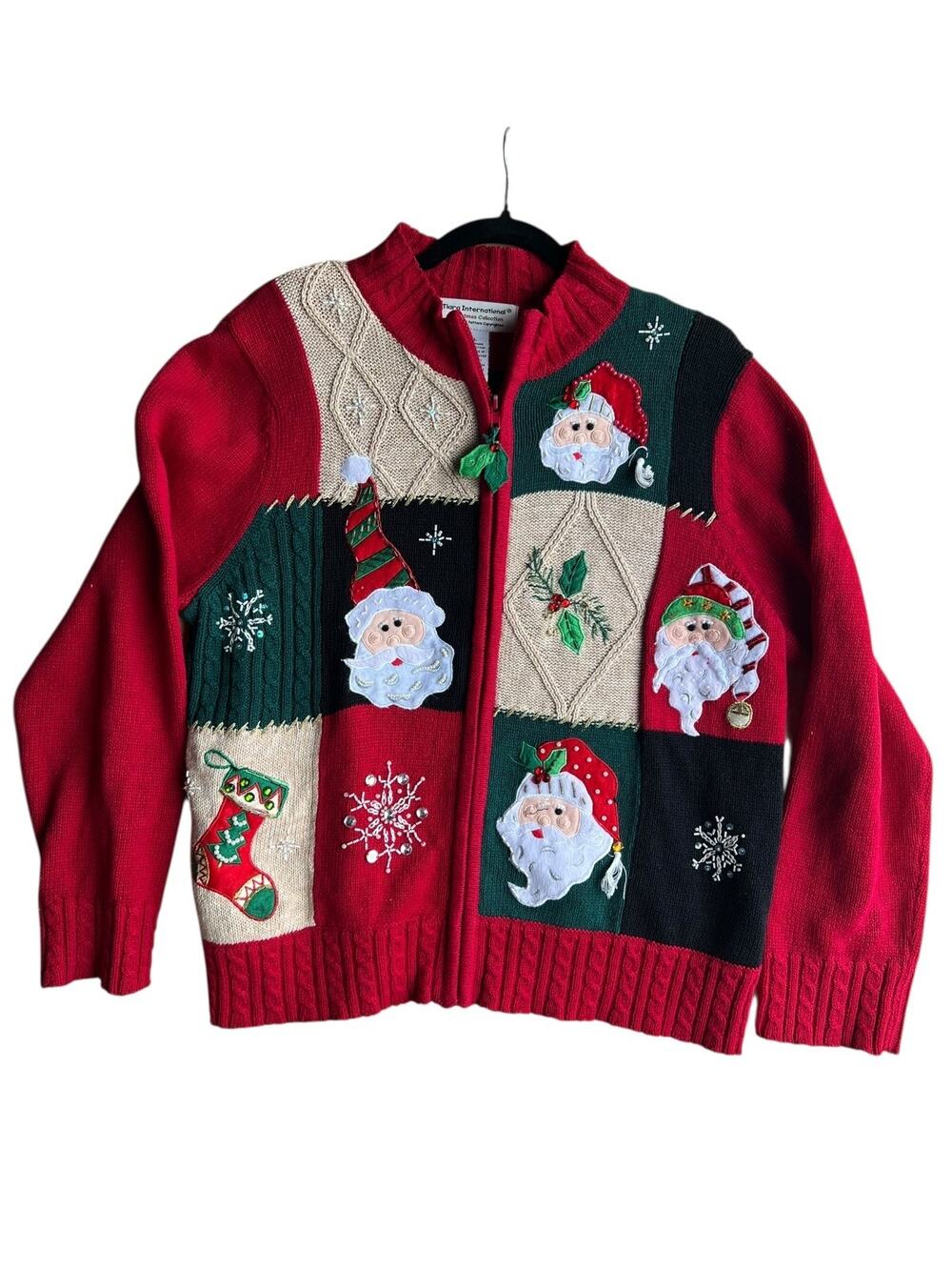 Tiara International Knit Embroidered Beaded Santa Heads Snowflake Cardigan Large